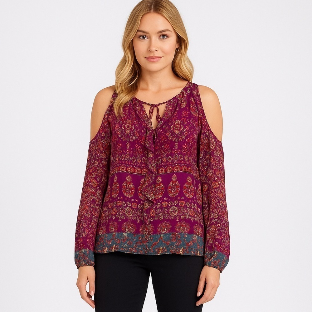 NWT 1. State Long Sleeves Cold Shoulder Ruffled Tie Front Blouse in Purple Sz S